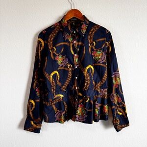 Lauren Ralph Lauren Women's Equestrian Horse Cotton Peplum Button Down Top Sz 12